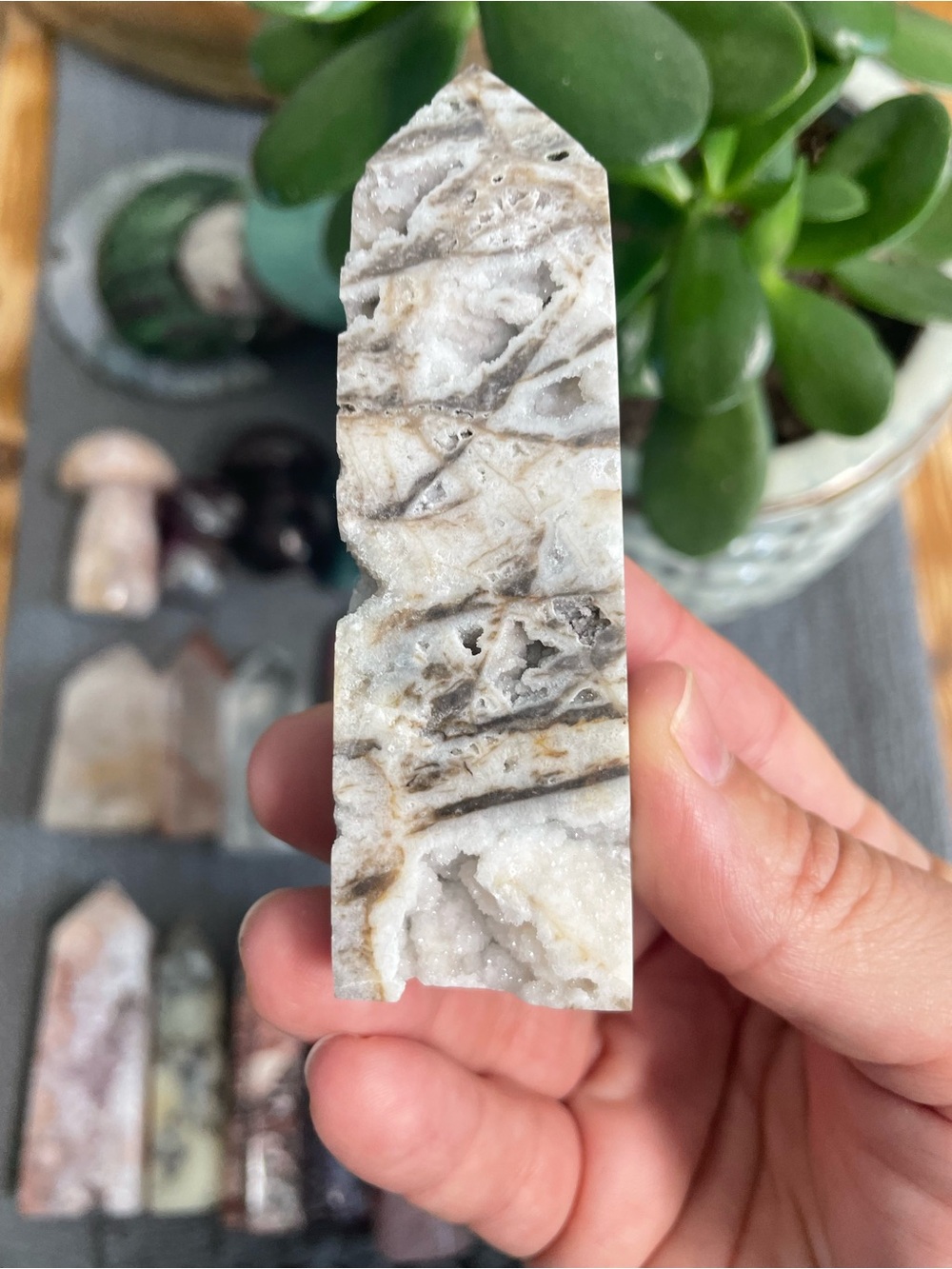 White and Gray Marbled druzy chalcedony sphalerite polished crystal tower